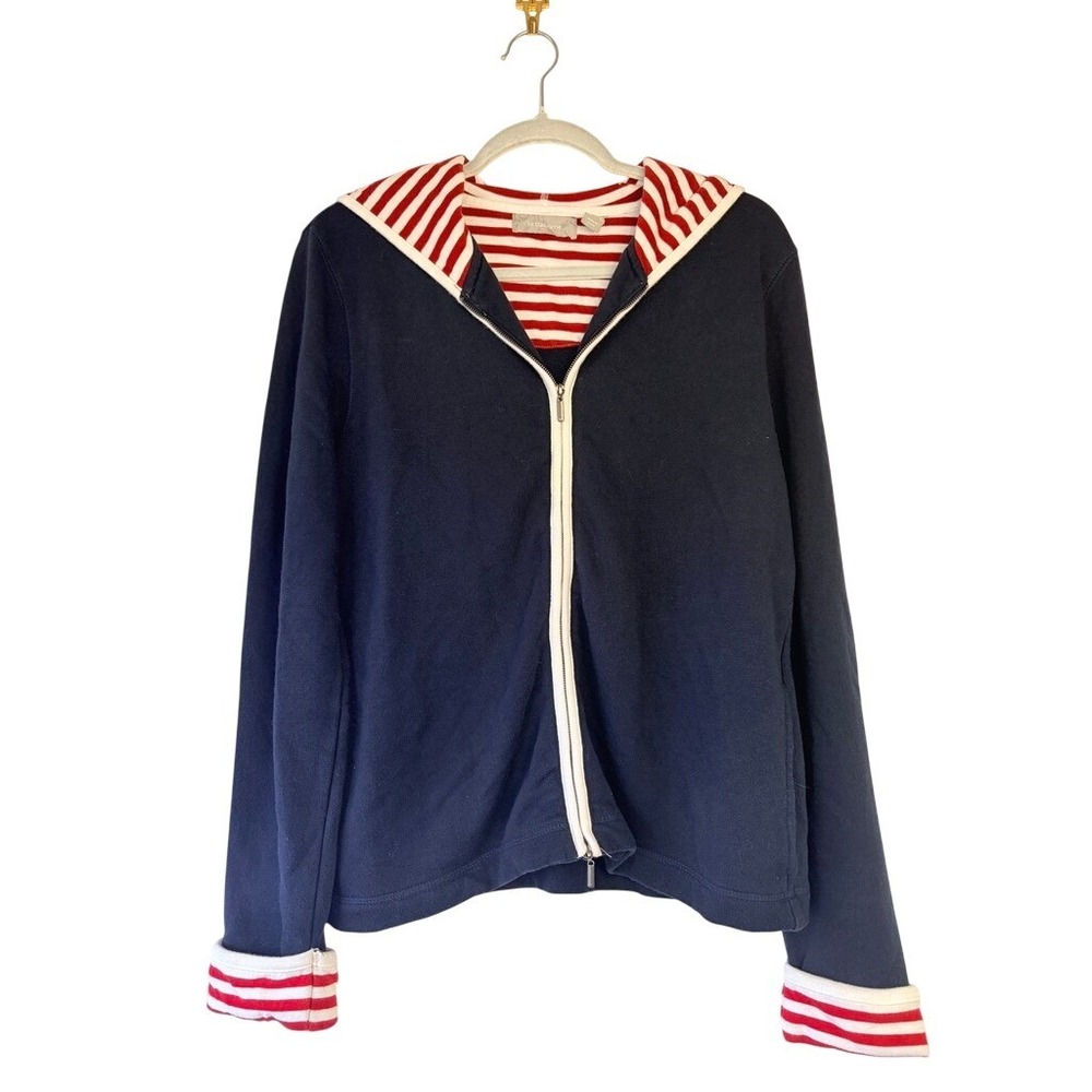Vtg LIZ CLAIBORNE Nautical Navy Red White Striped Zip Up Hoodie L Coastal granny
